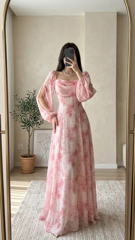 Blush Garden chiffon maxi dress styled in a bright mirror reflection