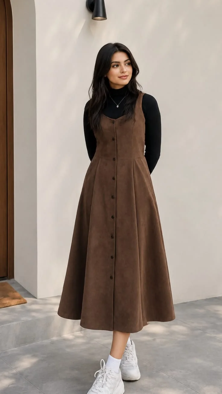Smiling model in a cocoa corduroy pinafore dress