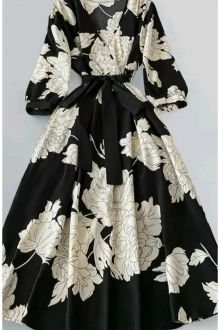 Black midi dress with large ivory peony print and tie belt