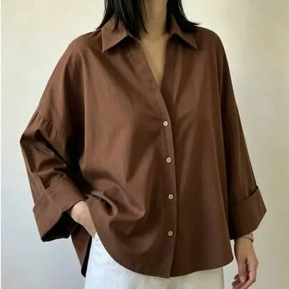 Oversized mocha brown shirt with rolled cuffs