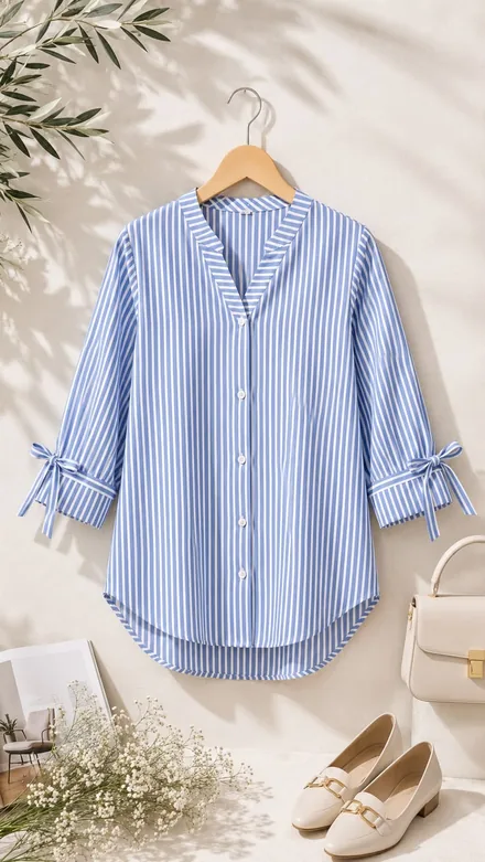 Blue striped tie-cuff shirt on a hanger with cream loafers and flowers