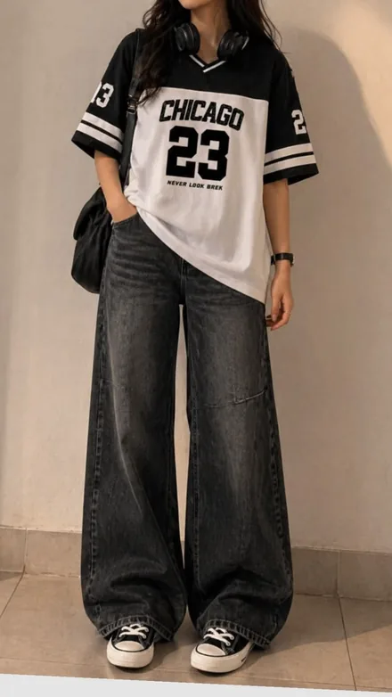 Model in washed black wide-leg jeans styled with a jersey tee