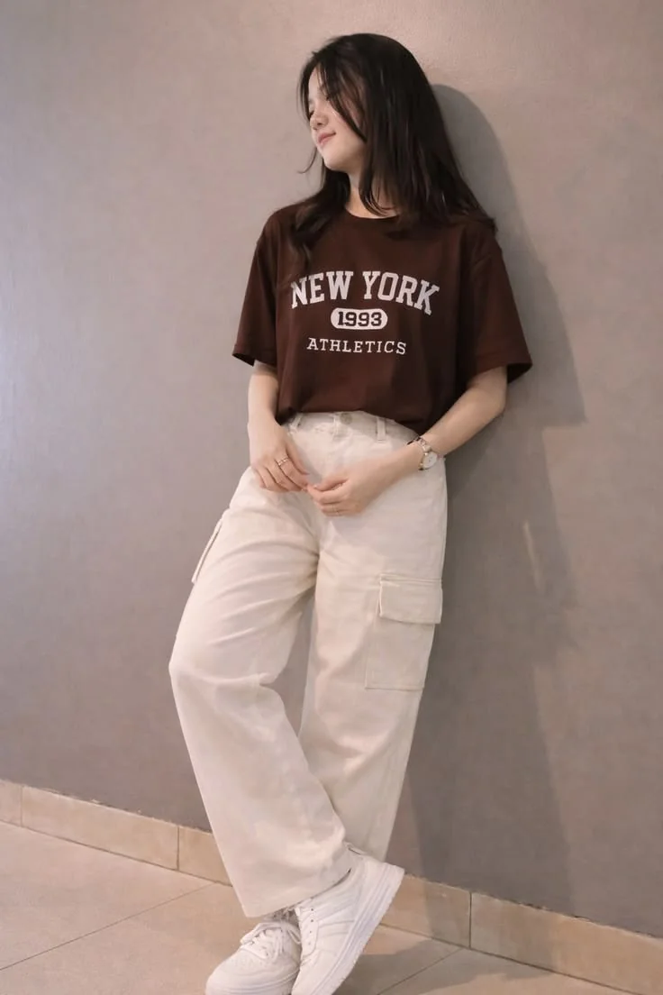 Model leaning on a soft pink wall in a brown varsity tee and cream cargo trousers