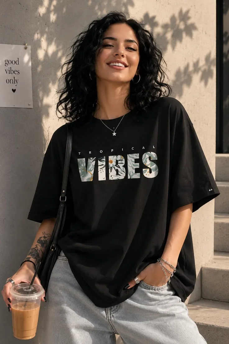 Smiling model in an oversized black graphic tee
